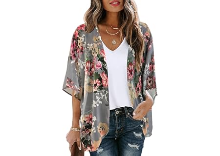 Floral Print Puff Sleeve Kimono Cardigan Loose Cover Up Casual Blouse