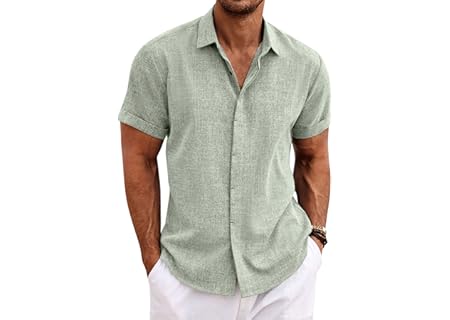 COOFANDY Men's Linen Shirts Short Sleeve Casual Shirts Button Down Shirt for Men Beach Summer Wedding